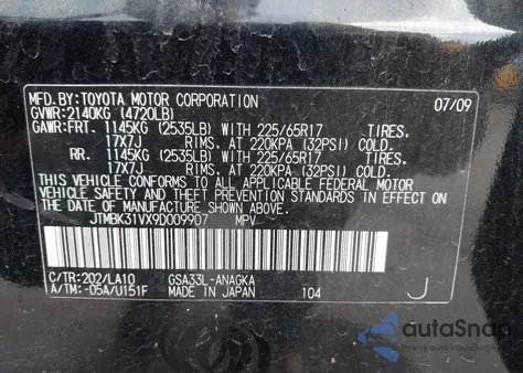 2009 Toyota Rav4 Limited V6 z USA, uszkodzony, nr VIN JTMBK31VX9D009907